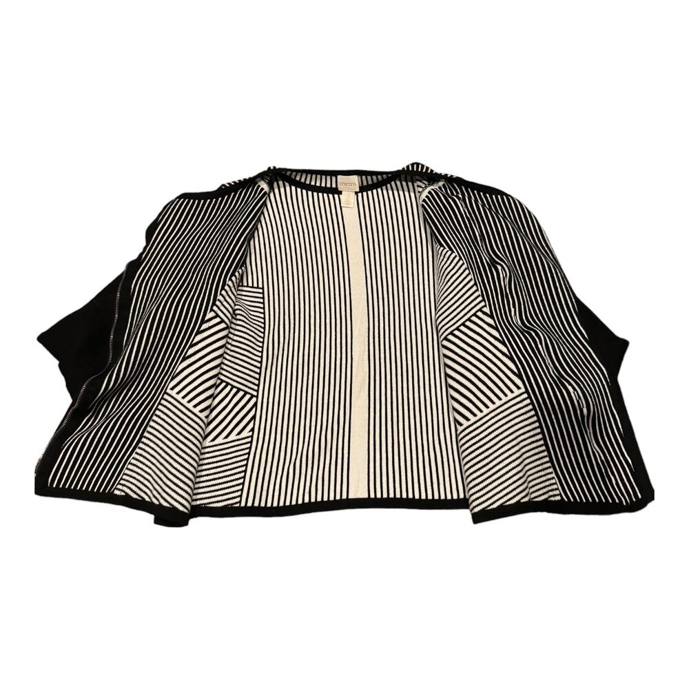Chico's Natania Black/White Stripe asymmetrical Zip Up Cardigan Sweater size 12 - Picture 10 of 15